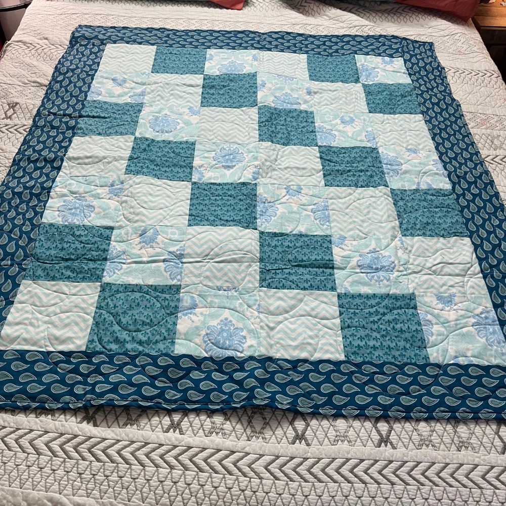 Handmade Reversible Patchwork Quilt Teal Blue Inspirational Graffiti Print 49x44